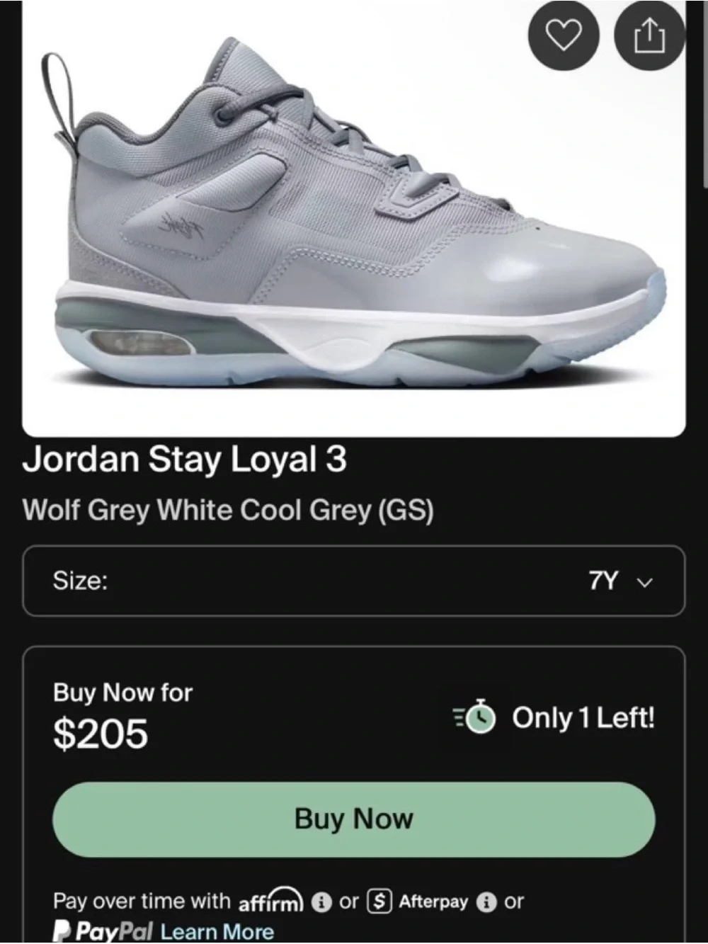 Nike Air Jordan Stay Loyal 3 Sneakers Wolf Grey Size 7 Youth or Wmns 8.5